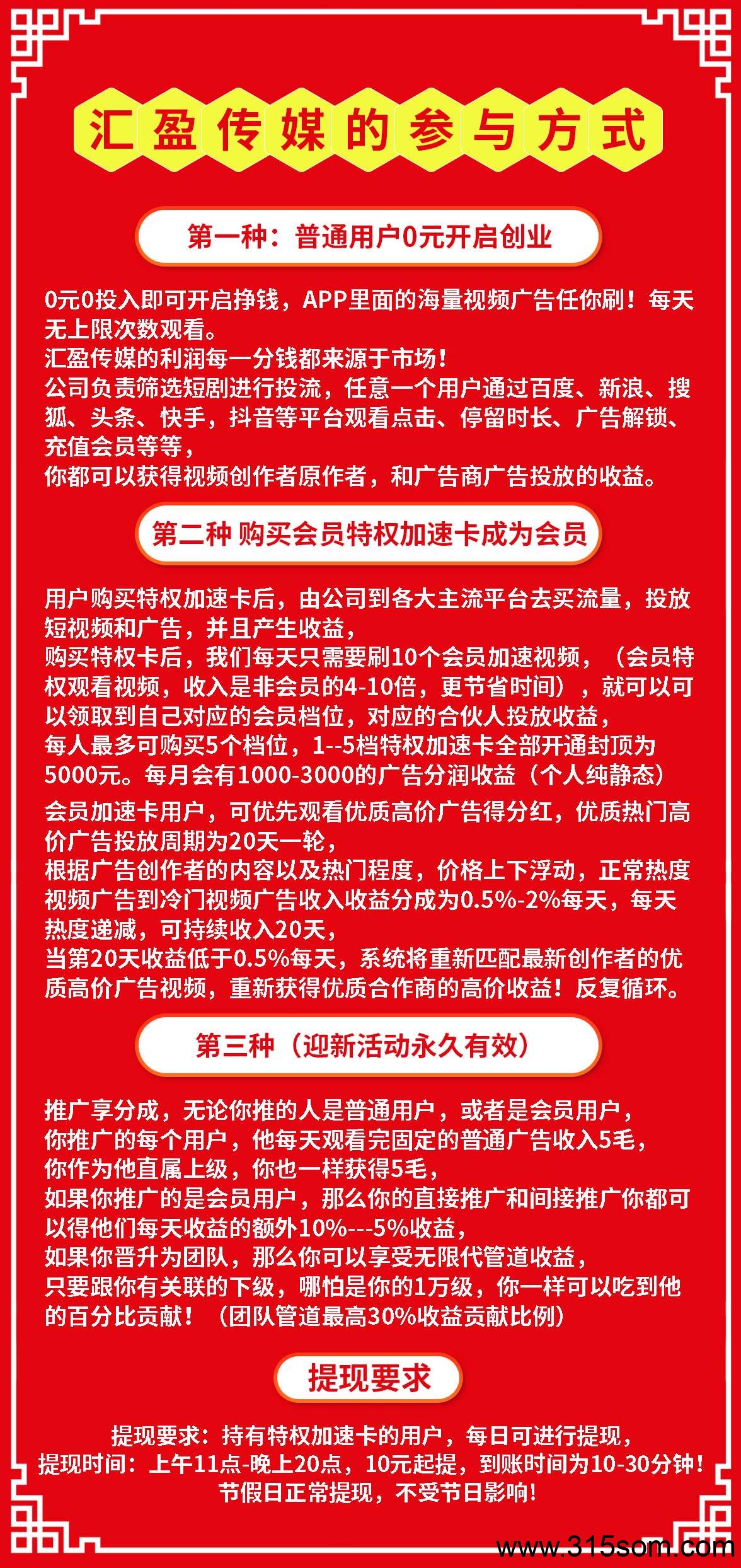 汇盈传媒，不养机，无线撸广告，保底收益高。每天首次观看5个广告一个固定1毛左右价格，10米起提(3)